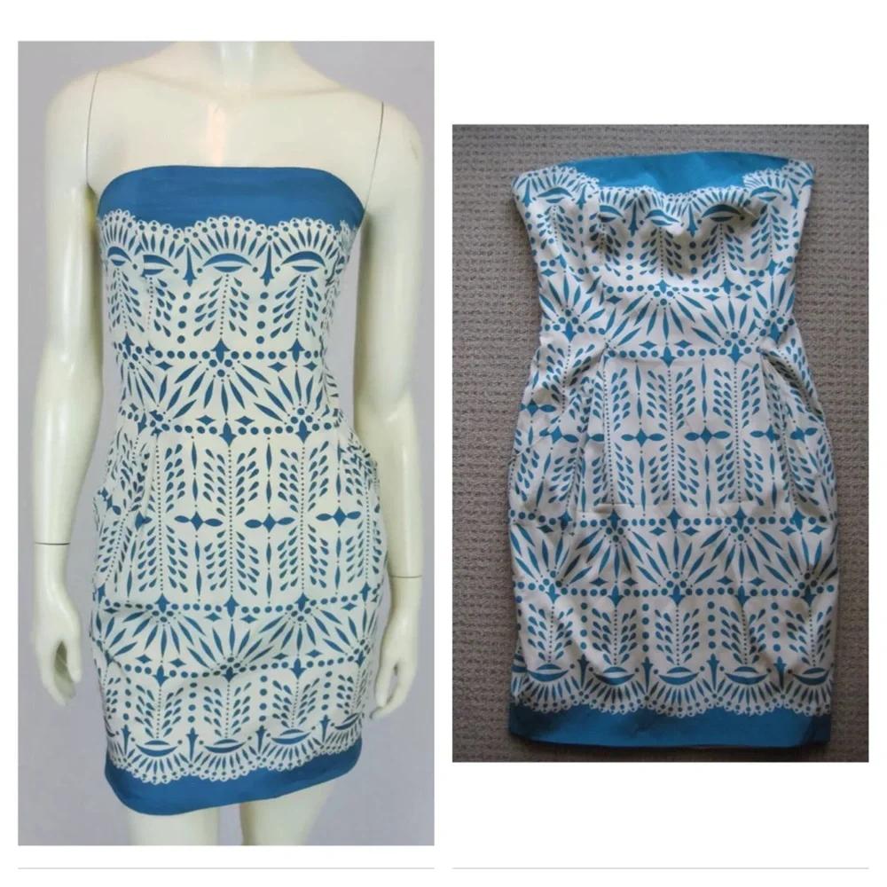Mara Hoffman Silk Lace Print Strapless Mini Cream Small Ivory Blue Vintage S